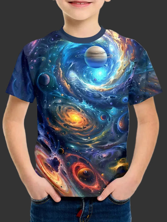 Camiseta Infantil Masculina Astronauta 3D – Manga Curta, Verão, Casual
