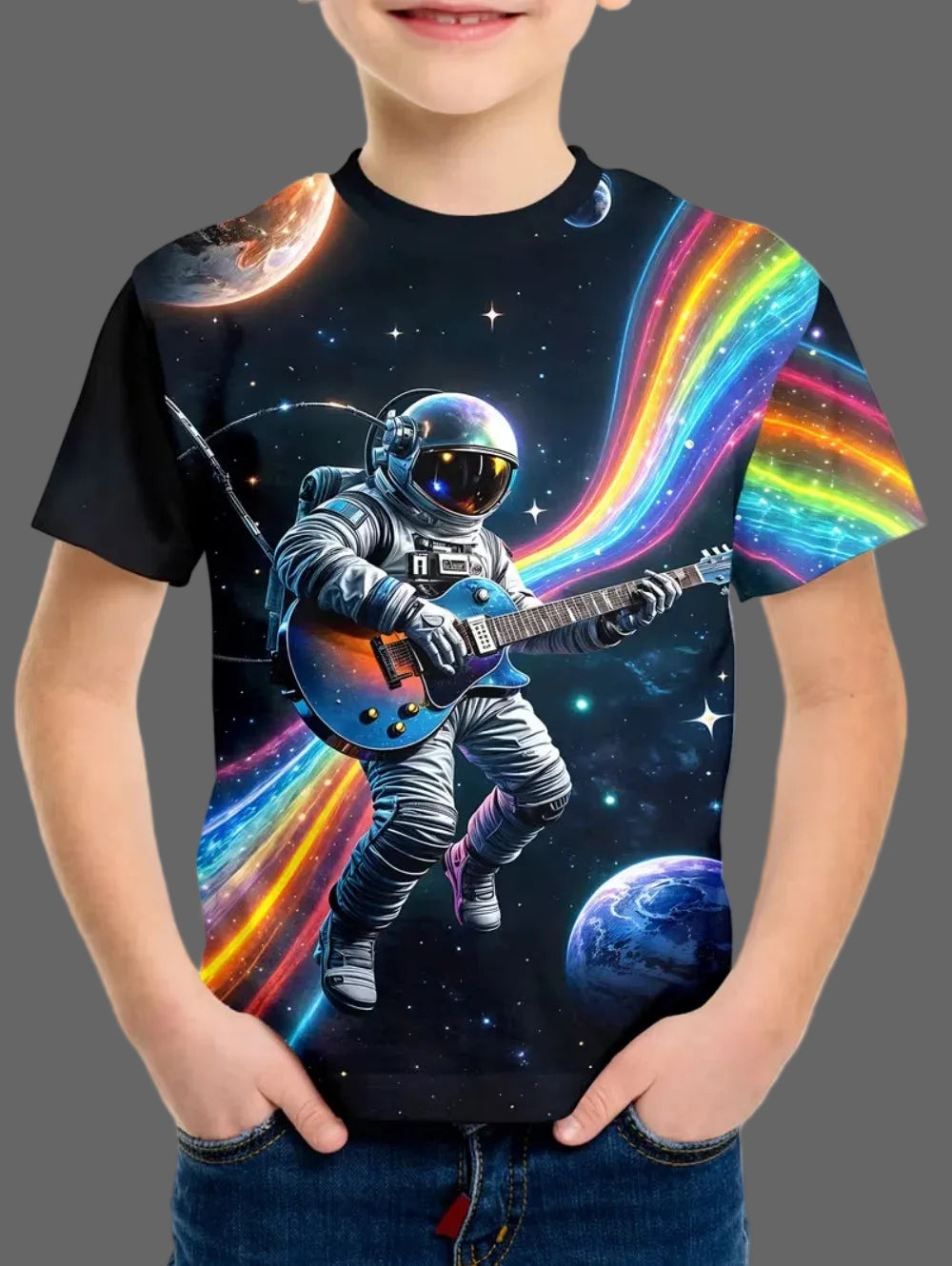 Camiseta Infantil Masculina Astronauta 3D – Manga Curta, Verão, Casual