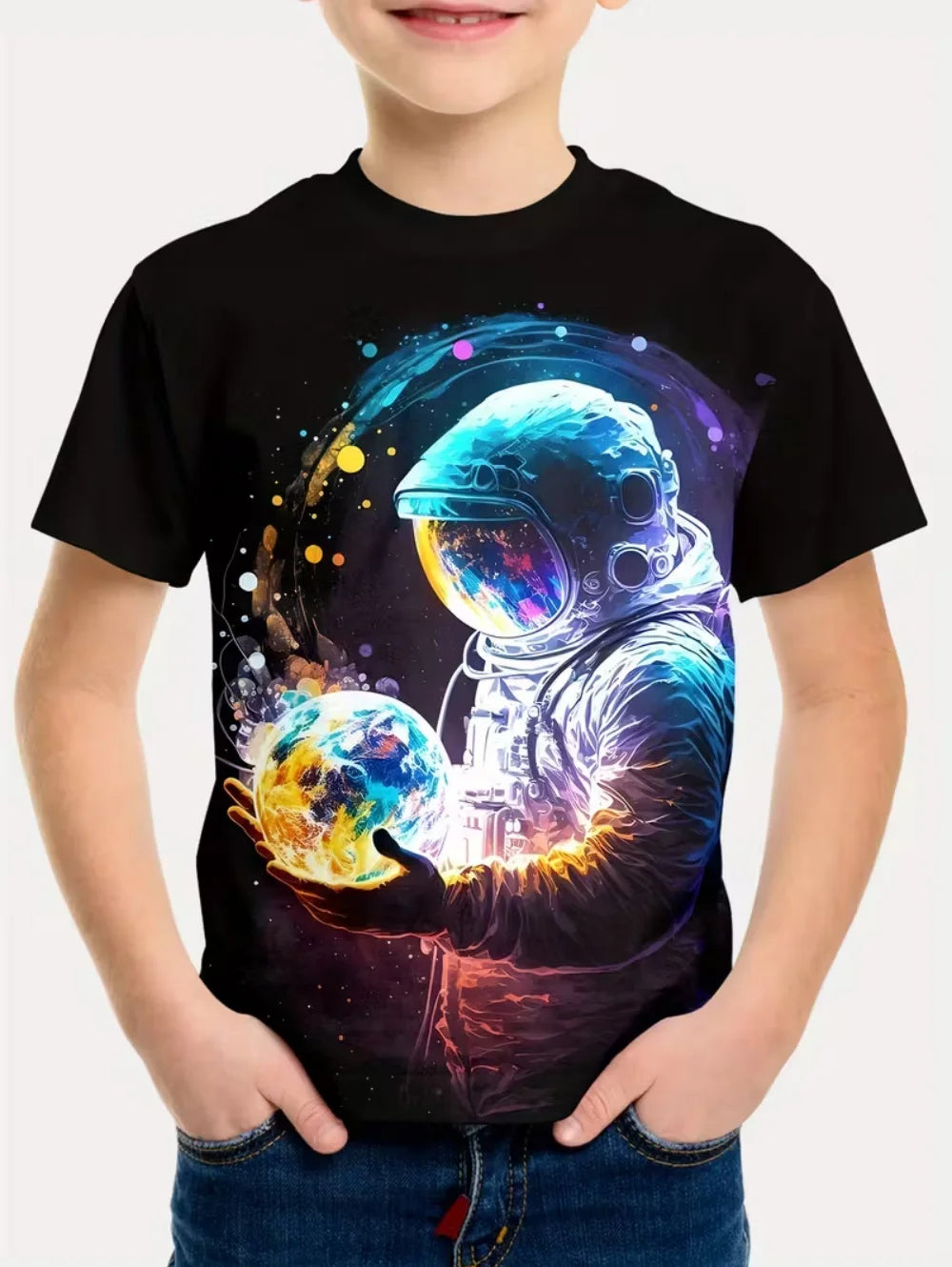 Camiseta Infantil Masculina Astronauta 3D – Manga Curta, Verão, Casual