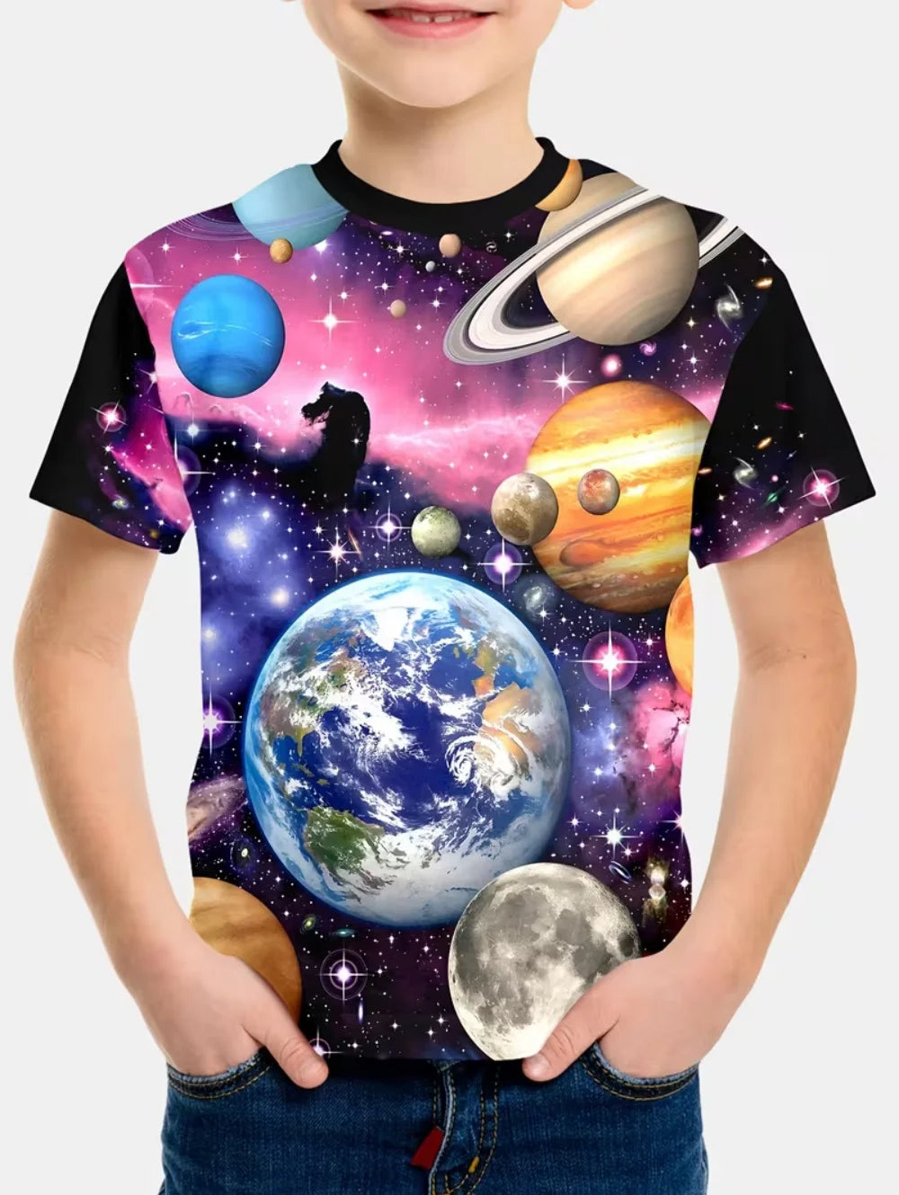 Camiseta Infantil Masculina Astronauta 3D – Manga Curta, Verão, Casual
