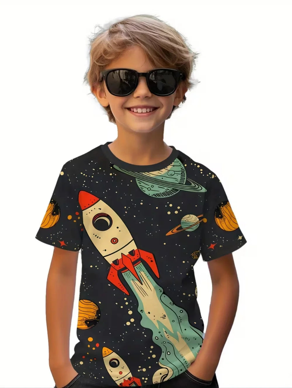 Camiseta Infantil Masculina Astronauta 3D – Manga Curta, Verão, Casual
