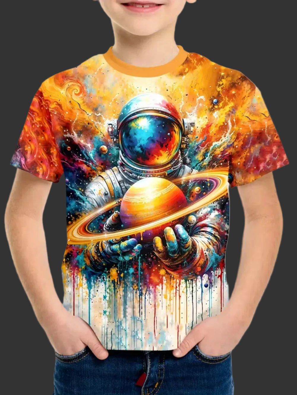 Camiseta Infantil Masculina Astronauta 3D – Manga Curta, Verão, Casual