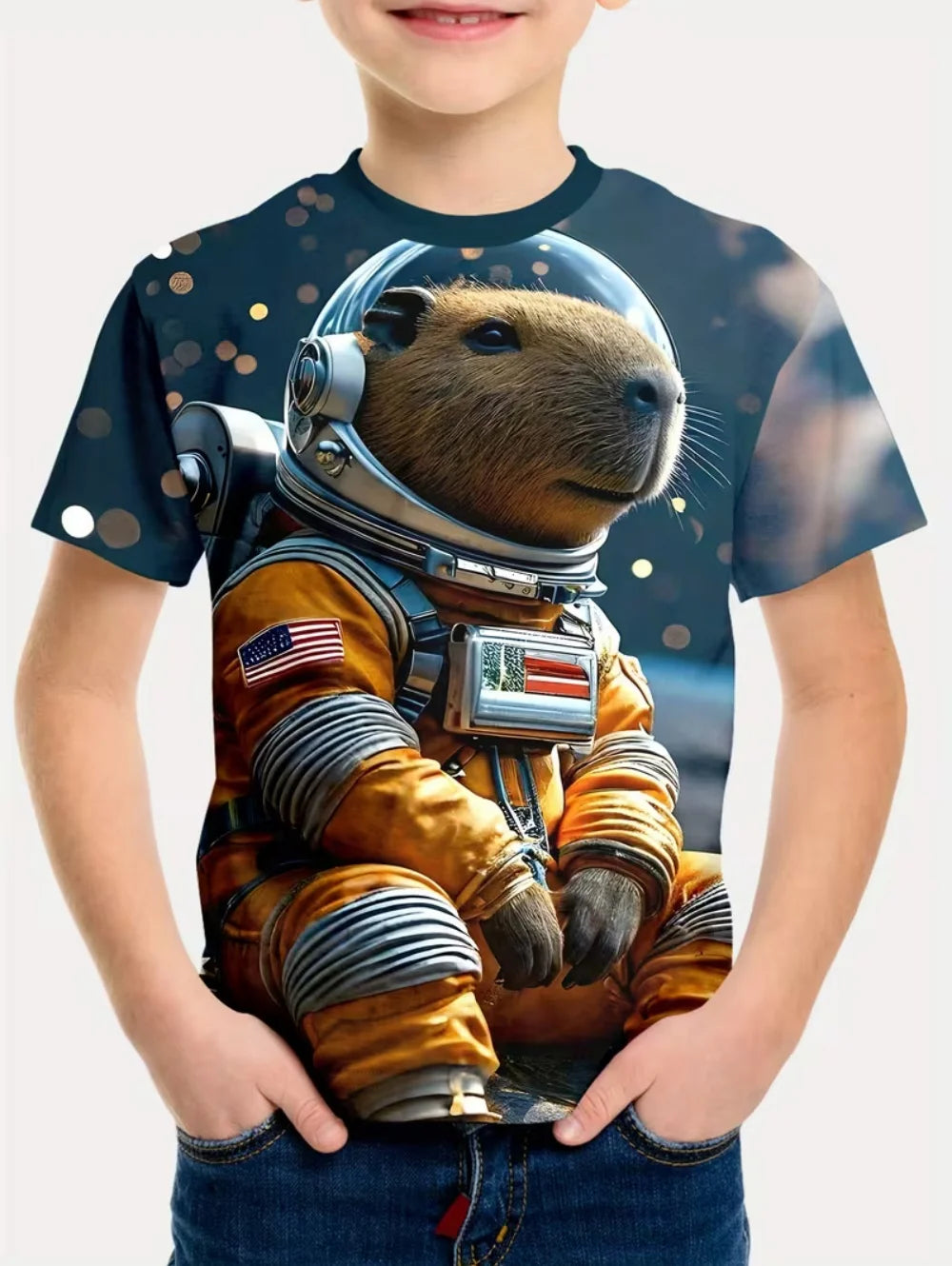Camiseta Infantil Masculina Astronauta 3D – Manga Curta, Verão, Casual