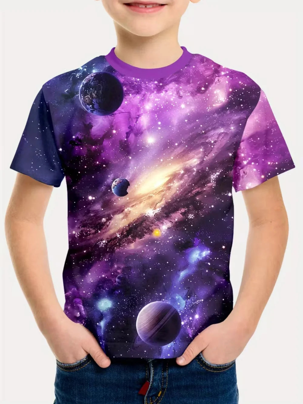 Camiseta Infantil Masculina Astronauta 3D – Manga Curta, Verão, Casual