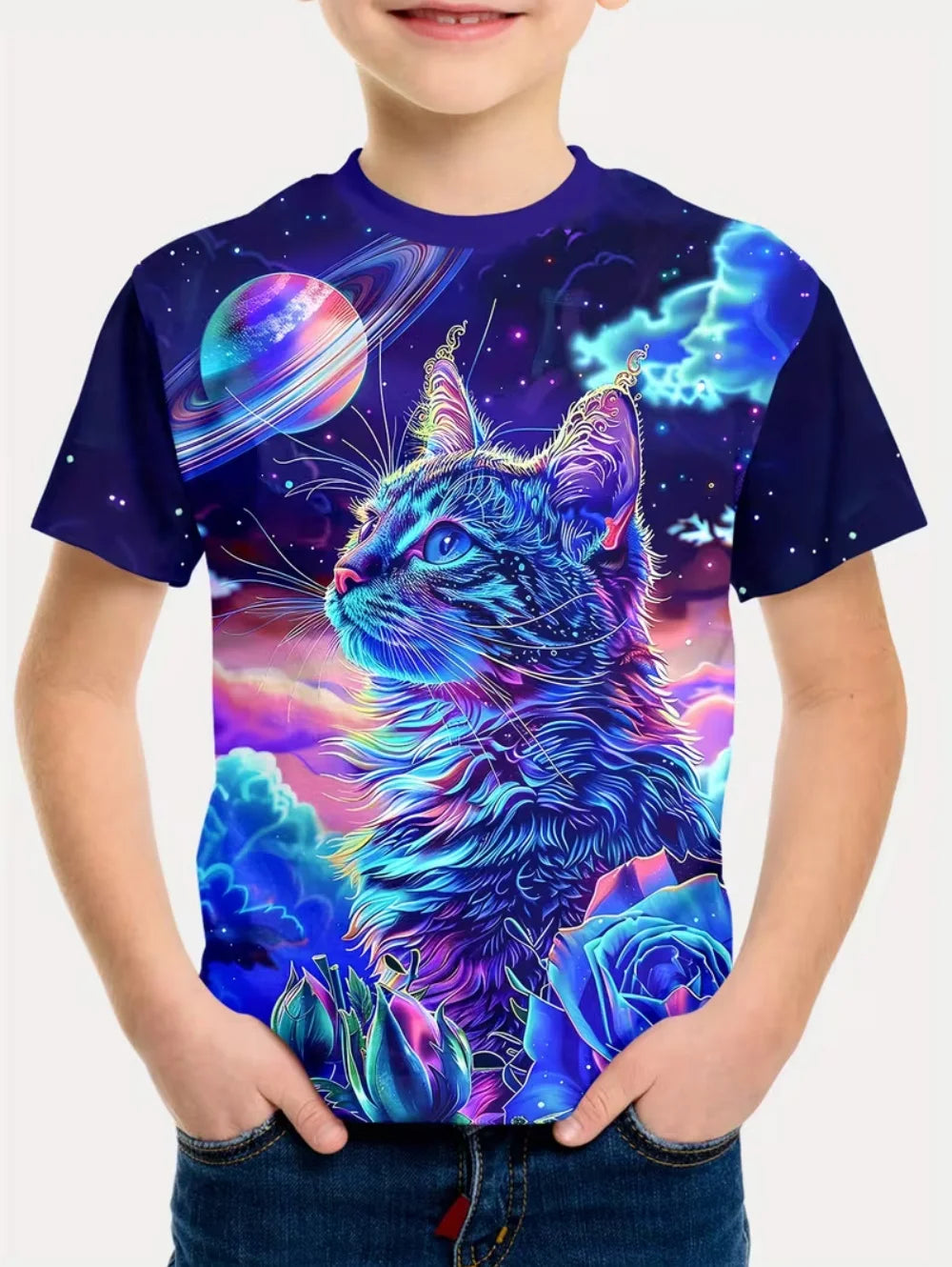 Camiseta Infantil Masculina Astronauta 3D – Manga Curta, Verão, Casual
