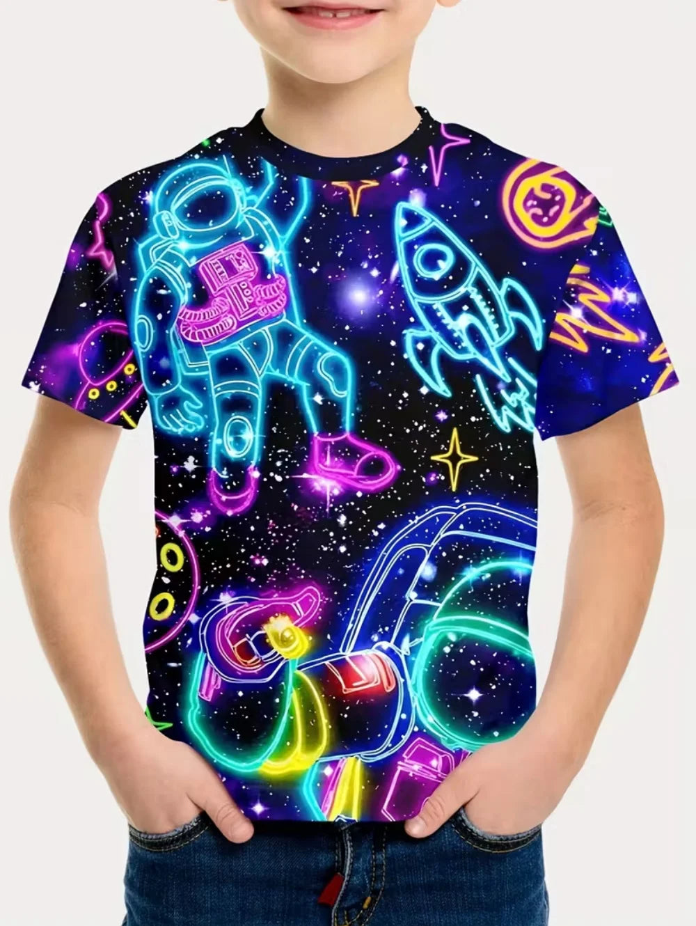 Camiseta Infantil Masculina Astronauta 3D – Manga Curta, Verão, Casual