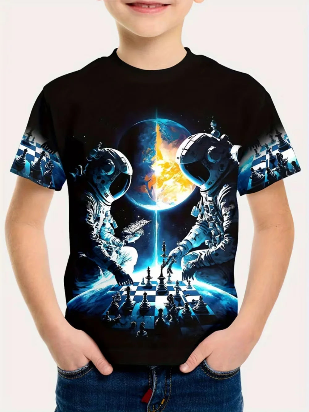 Camiseta Infantil Masculina Astronauta 3D – Manga Curta, Verão, Casual