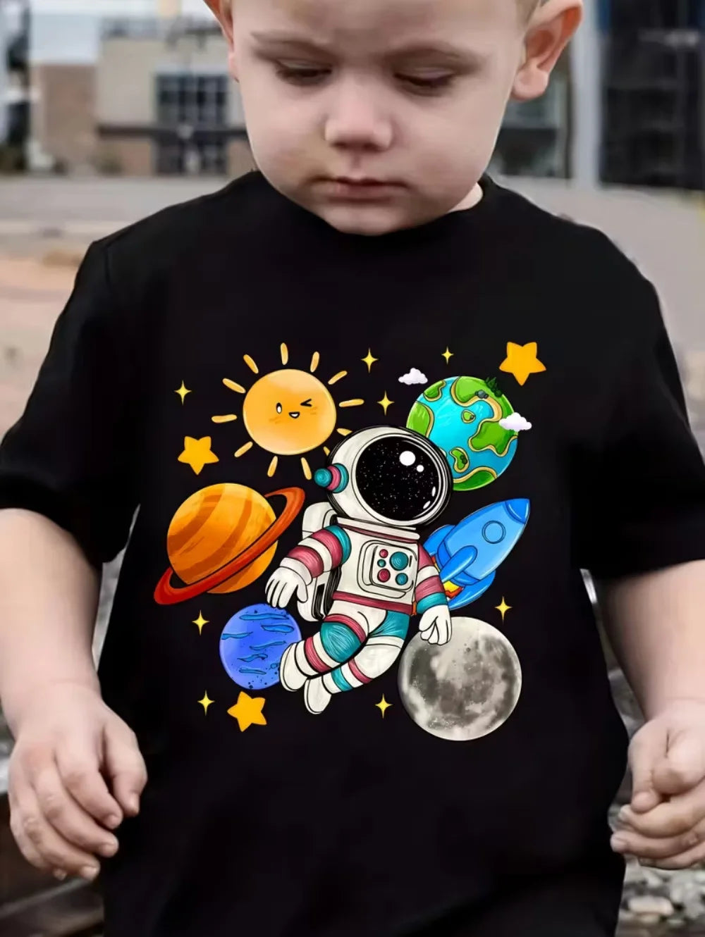 Camiseta Infantil Masculina Astronauta 3D – Manga Curta, Verão, Casual